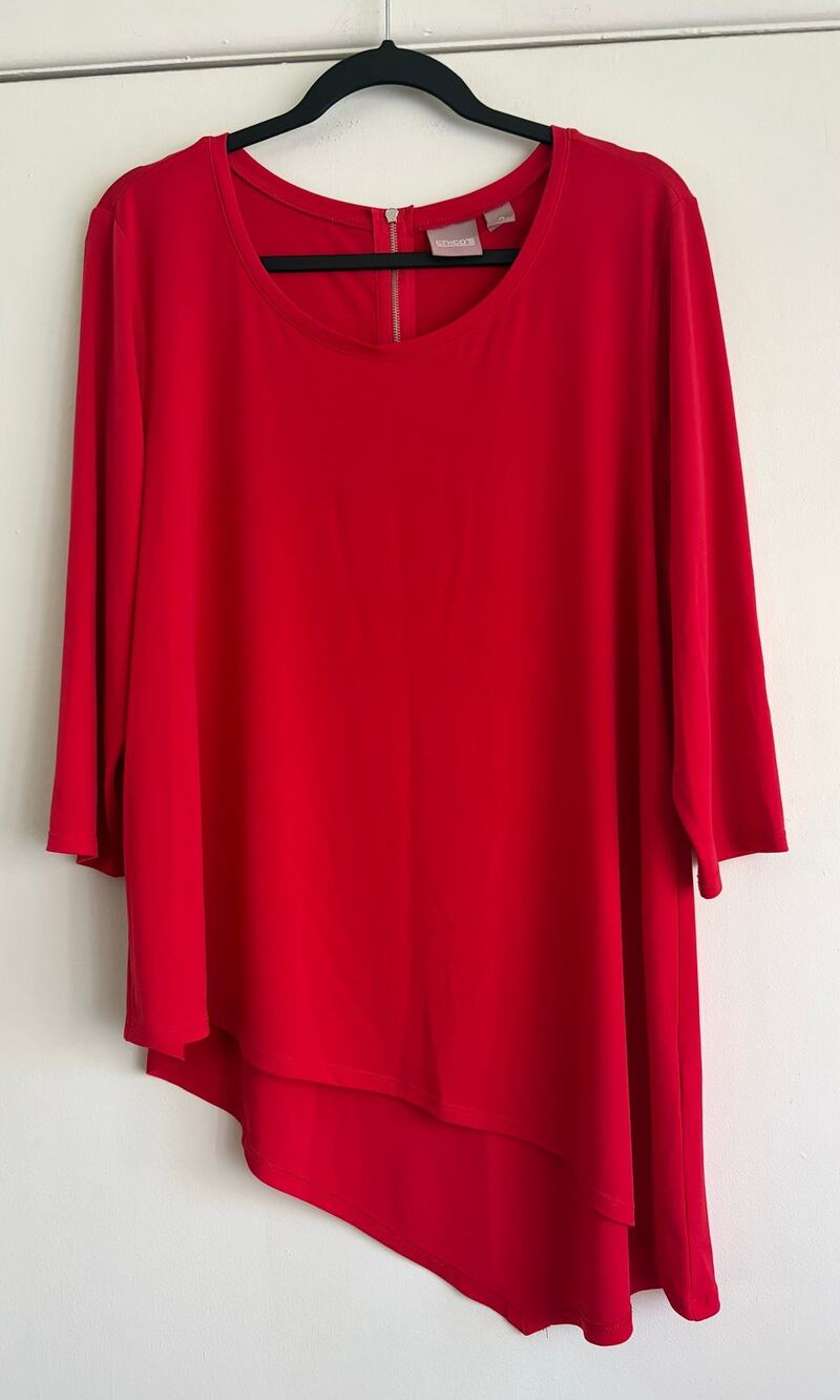 Chico's Red Asymmetric Hem 3/4 Sleeve Back Zip Tunic Top Size 2